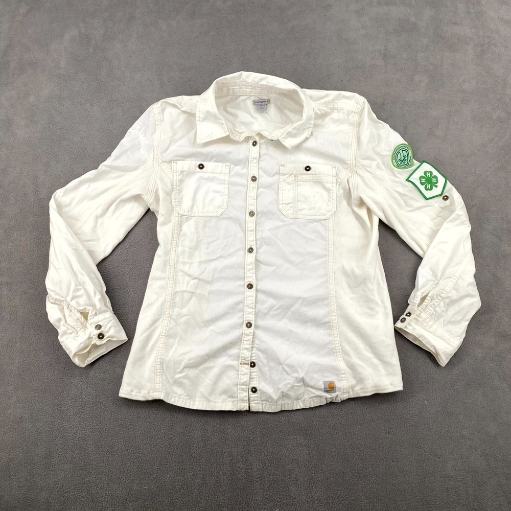 Carhartt Shirt Women L(12/14) Beige Logo Roots Charter High School Farm Learning